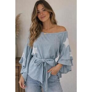 Nanette Lepore Blue Star Print Belted Blouse Ruffle Sleeve Boho Top